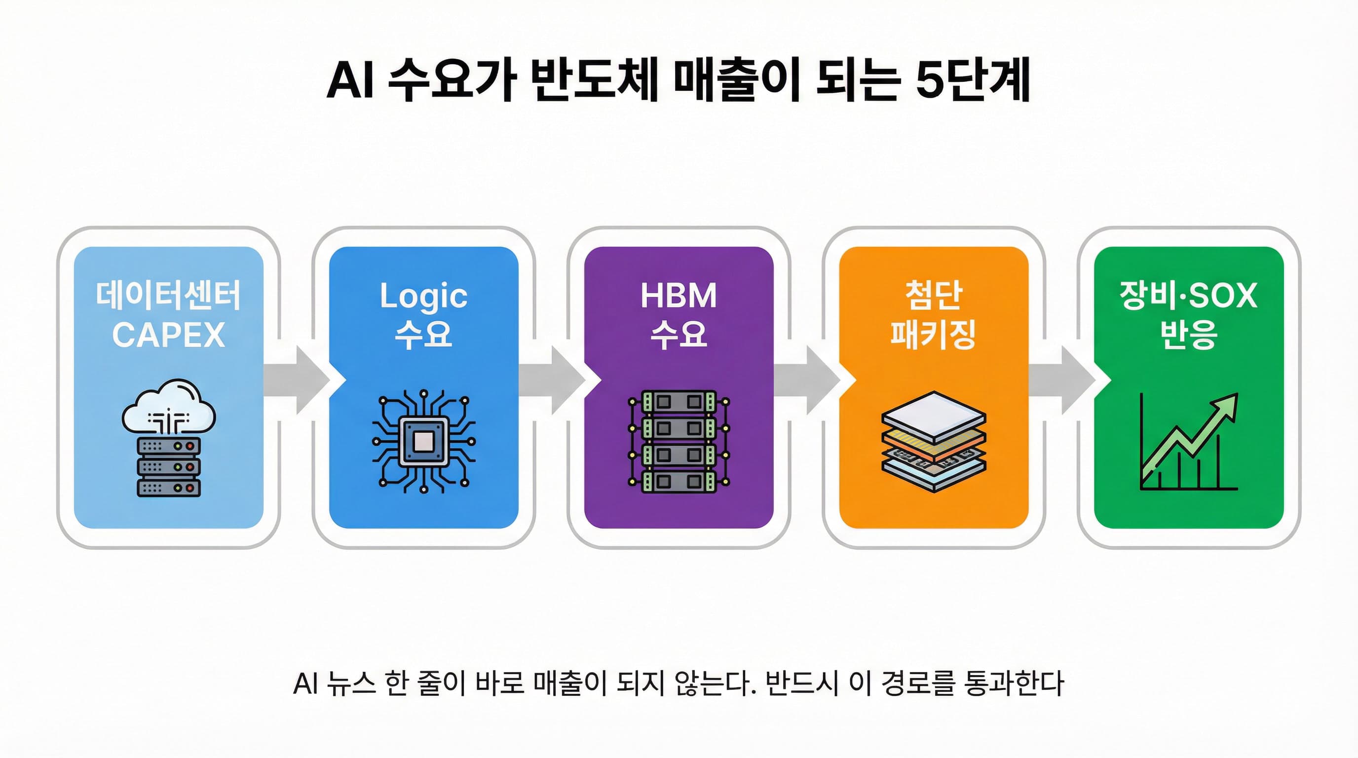 AI 수요가 반도체 매출로 전환되는 5단계 흐름도: 데이터센터 CAPEX, Logic 수요, HBM 수요, 첨단 패키징, 장비·SOX 반응