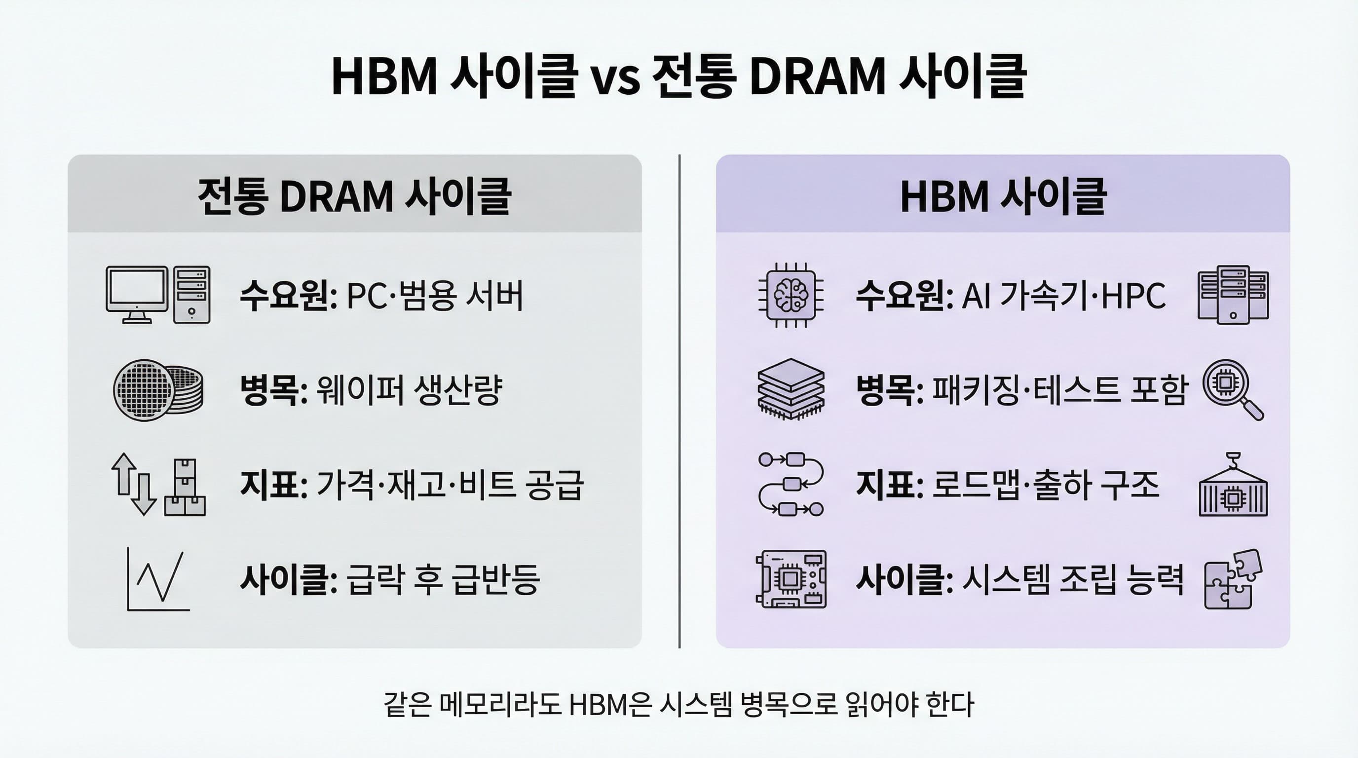 HBM 사이클과 전통 DRAM 사이클 비교 다이어그램: 수요원, 병목, 지표, 사이클 특성 비교