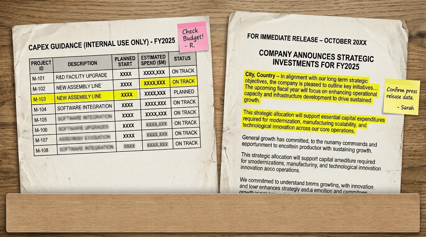 CAPEX 가이던스 표와 WWSEMS 보도자료 형태의 문서 스냅샷을 나란히 배치하고 핵심 부분을 형광펜 박스로 강조한 콜라주