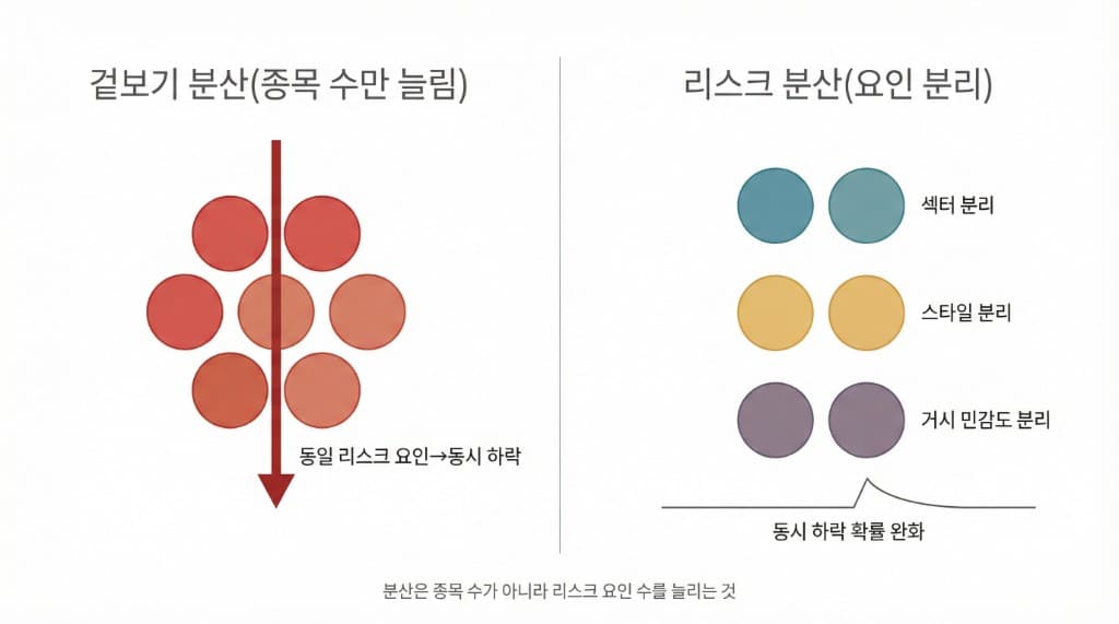 겉보기 분산과 리스크 분산 비교 도식. 왼쪽: 종목 수만 늘린 겉보기 분산—동일 리스크 요인에 동시 하락. 오른쪽: 섹터·스타일·거시 민감도 분리에 따른 리스크 분산—동시 하락 확률 완화. 분산은 종목 수가 아니라 리스크 요인 수를 늘리는 것.