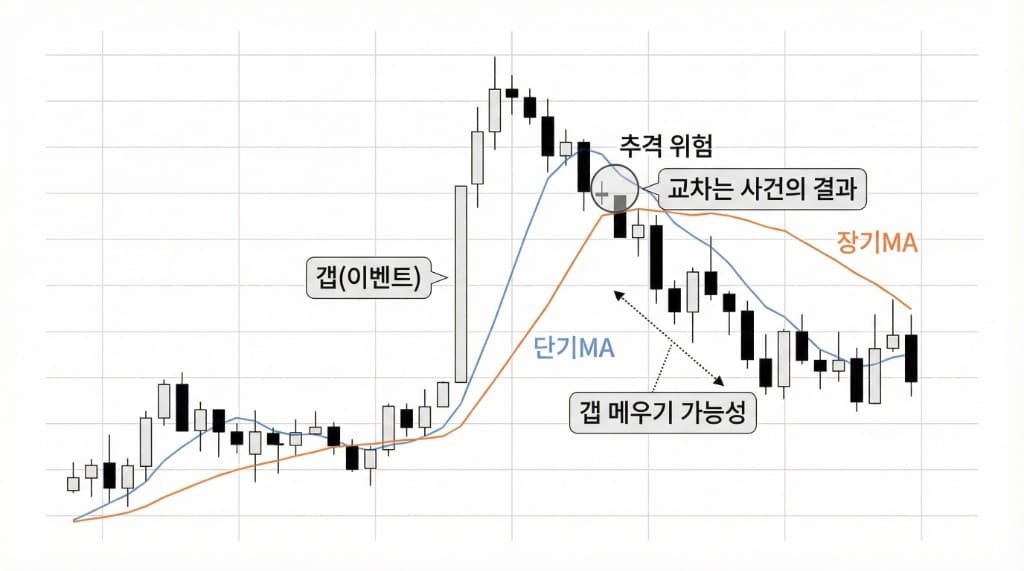 갭 발생 후 교차 신호가 의미를 잃는 사례: 캔들·단기MA·장기MA 차트. 갭(이벤트) 직후 추격 위험, 데드크로스는 사건의 결과로 해석, 갭 메우기 가능성 표시.