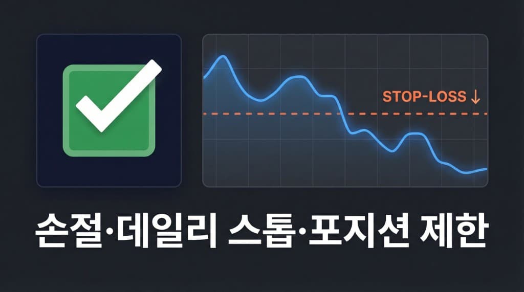 손절·데일리 스톱·포지션 제한: 체크 마크와 STOP-LOSS 차트. 주식 자금관리 매매 규율의 핵심 세 가지.