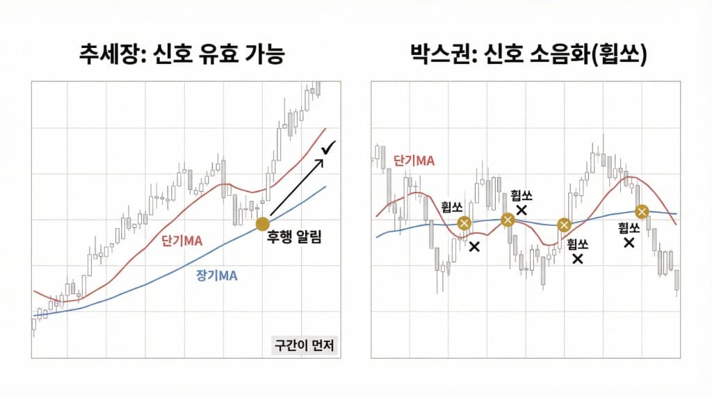 같은 크로스가 추세장과 박스권에서 다른 결과를 만드는 2컷. 왼쪽 추세장: 단기MA·장기MA 우상향, 골든크로스 후 상승 지속·신호 유효. 오른쪽 박스권: MA 엉킴·휩쏘 반복·신호 소음화.