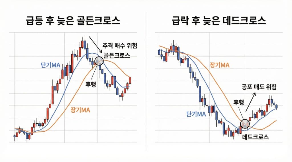 급등 후 늦은 골든크로스 vs 급락 후 늦은 데드크로스 비교. 왼쪽: 단기MA·장기MA, 골든크로스 후행·추격 매수 위험. 오른쪽: 데드크로스 후행·공포 매도 위험. 캔들 차트.