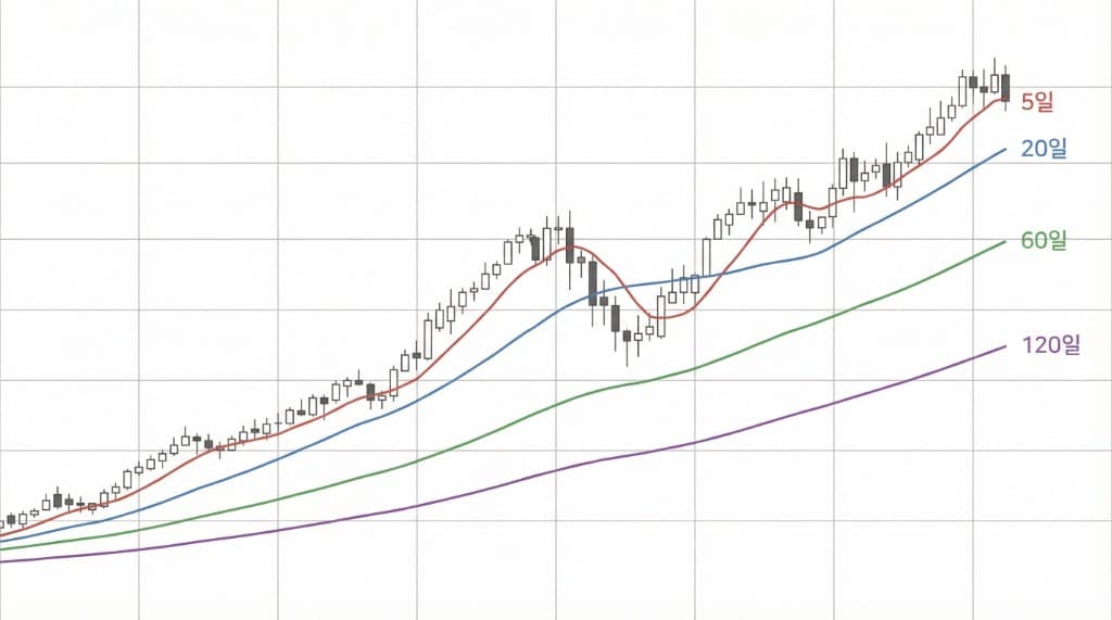 5·20·60·120 이평선이 겹친 기본 차트 예시. 캔들에 5일(빨강)·20일(파랑)·60일(초록)·120일(보라) 이동평균선 정배열로 상승 추세를 보여주는 차트.