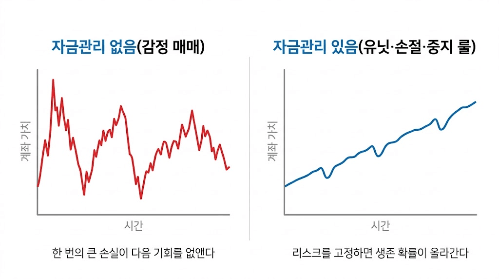 자금관리 유무에 따른 계좌 가치 곡선 비교. 왼쪽 자금관리 없음(감정 매매): 붉은 선이 급등락·하락 추세로 한 번의 큰 손실이 다음 기회를 없앰. 오른쪽 자금관리 있음(유닛·손절·중지 룰): 파란 선이 완만한 상승으로 리스크 고정 시 생존 확률 상승을 보여줌.