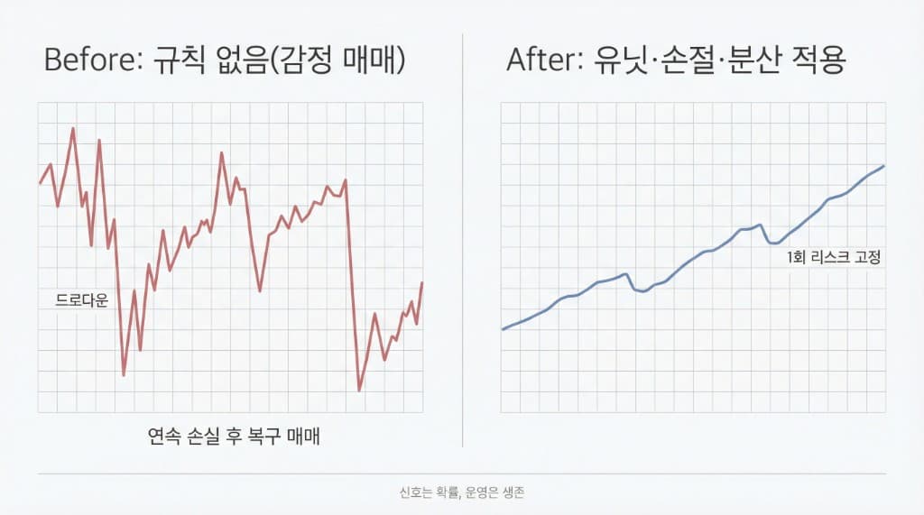 같은 전략이라도 포지션 관리에 따라 계좌 곡선이 달라지는 Before/After. 왼쪽 규칙 없음(감정 매매)은 드로다운이 큰 톱니형 곡선, 오른쪽 유닛·손절·분산 적용은 1회 리스크 고정으로 완만한 상승 곡선. 신호는 확률, 운영은 생존.