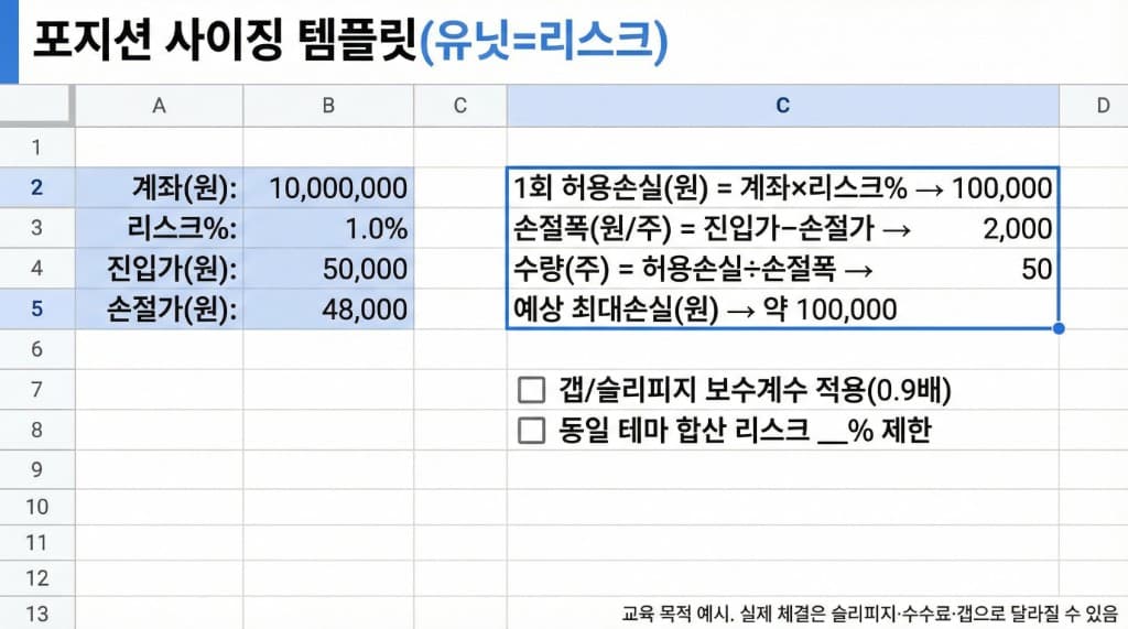 포지션 사이징 구글시트 템플릿 예시. 입력: 계좌(원), 리스크%, 진입가, 손절가. 출력: 1회 허용손실(원), 손절폭(원/주), 수량(주), 예상 최대손실. 갭/슬리피지 보수계수(0.9배)·동일 테마 합산 리스크 제한 체크박스, 교육 목적 예시·실제 체결은 슬리피지·수수료·갭으로 달라질 수 있음 고지 포함.
