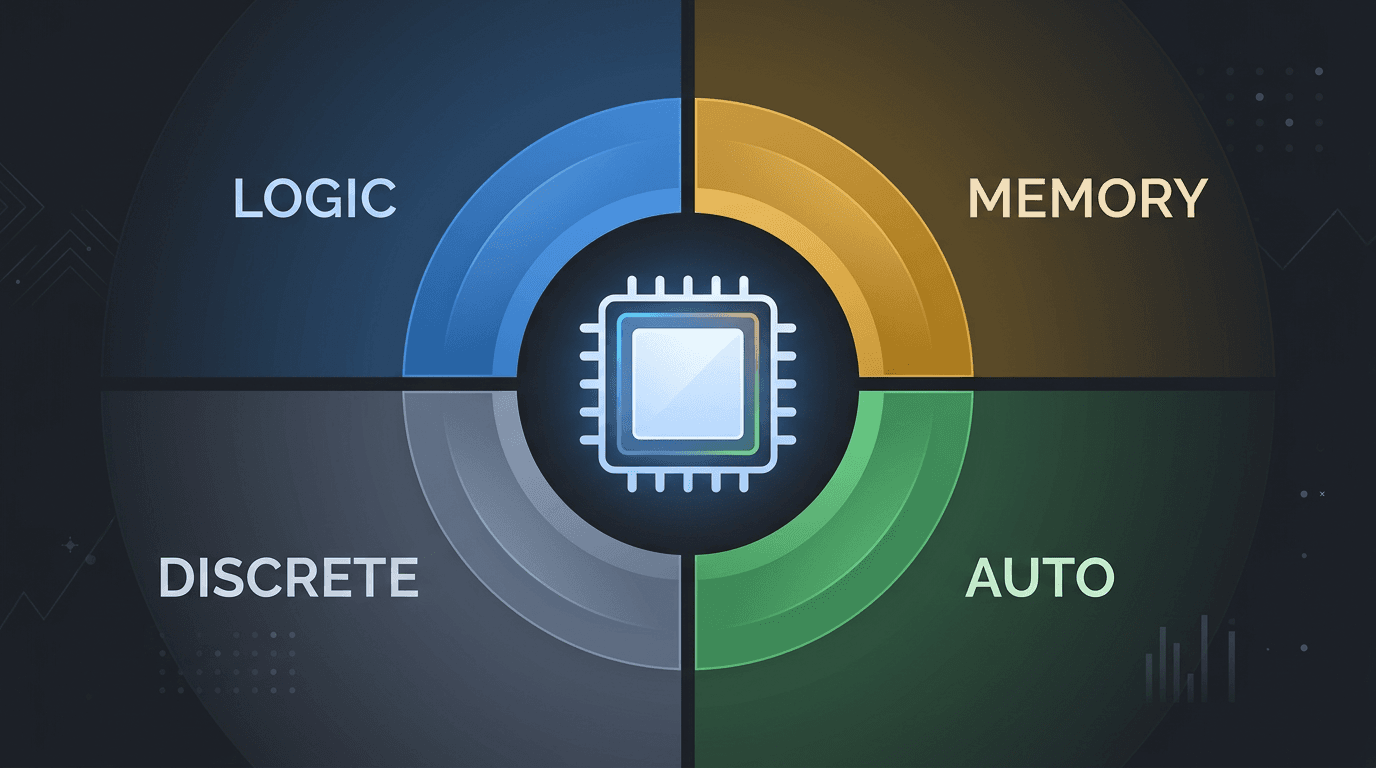 반도체 칩을 중심으로 Logic·Memory·Auto·Discrete 4영역이 색으로 구분된 제품 믹스 상징 히어로 이미지