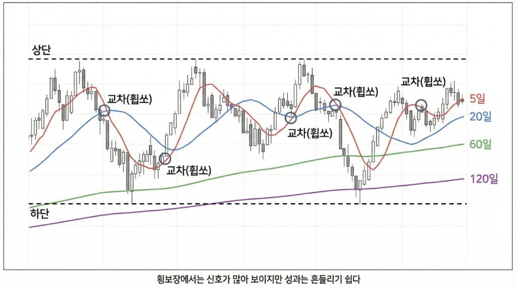 횡보장에서 5·20 이평선이 반복 교차하는 예시. 상단·하단 범위 안 캔들, 5일선·20일선·60일선·120일선, 교차(휩쏘) 표시. 횡보장에서는 신호가 많아 보이지만 성과는 흔들리기 쉬움.
