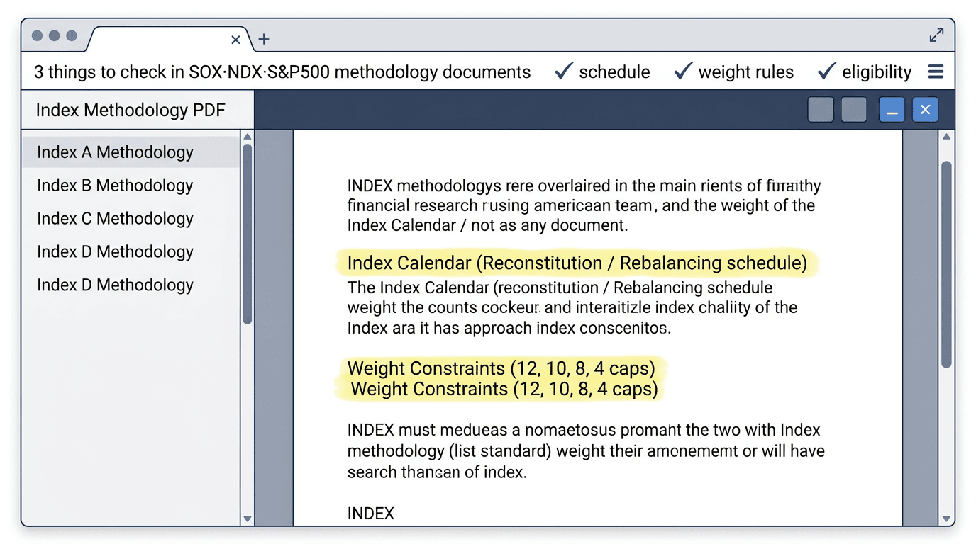 SOX·NDX·S&P500 방법론 문서에서 리밸런싱 일정과 가중치 규칙을 확인하는 화면