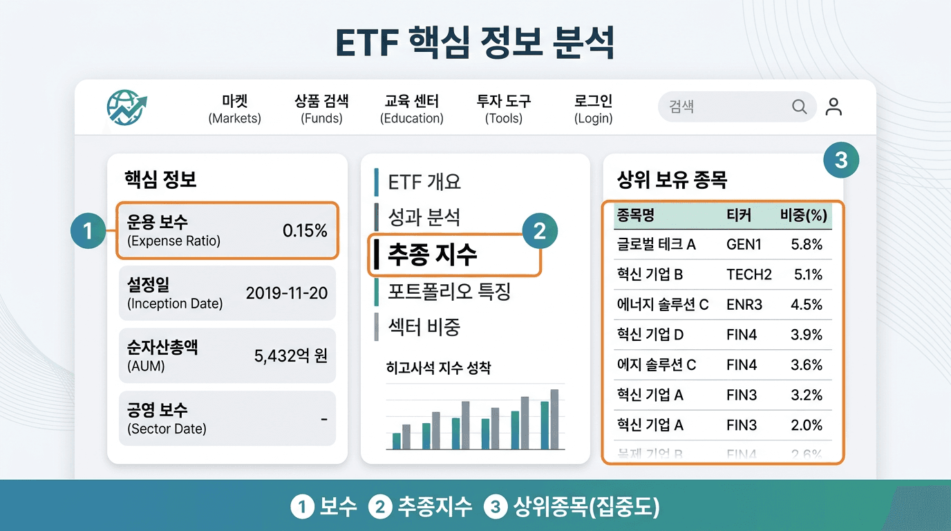 ETF 팩트시트에서 추종지수와 보수, 상위 보유 종목을 확인하는 위치를 번호로 표시한 안내 화면.