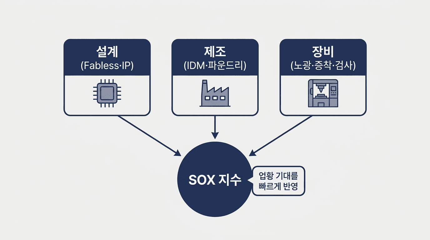 SOX 지수는 반도체 설계·장비·제조 관련 기업을 묶은 지수임을 박스와 화살표로 설명한 도식.