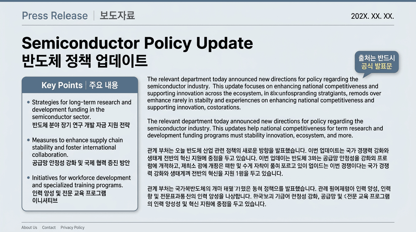 반도체 관련 정책 발표를 확인하는 공식 보도자료 화면을 예시로 보여주는 이미지.