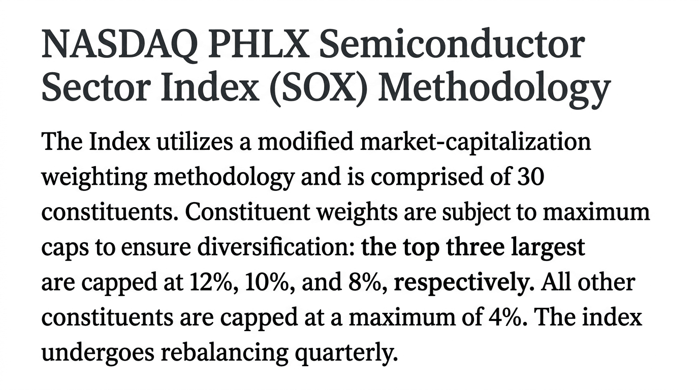 SOX 지수 방법론에서 상위 3개 종목 가중치 상한(12/10/8%)·기타 4% 상한·분기 리밸런싱 규칙이 보이는 문단 캡처