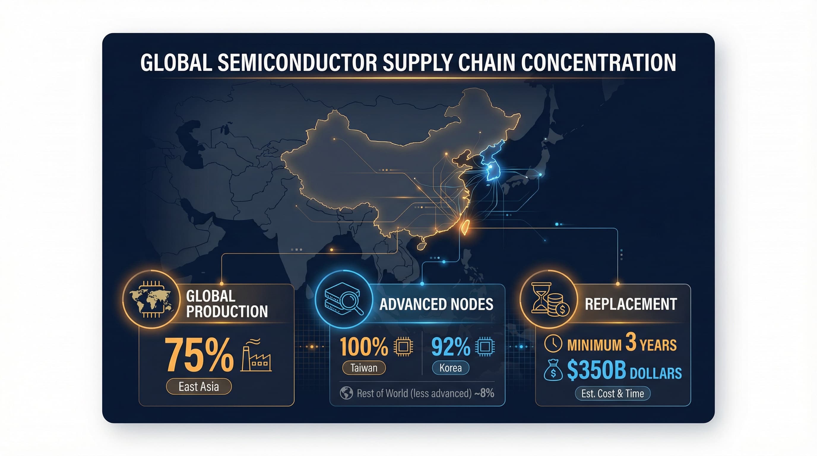 글로벌 반도체 공급망 집중도 개념도 — 대만 92%, 한국 8%, 동아시아 75% 집중 구조