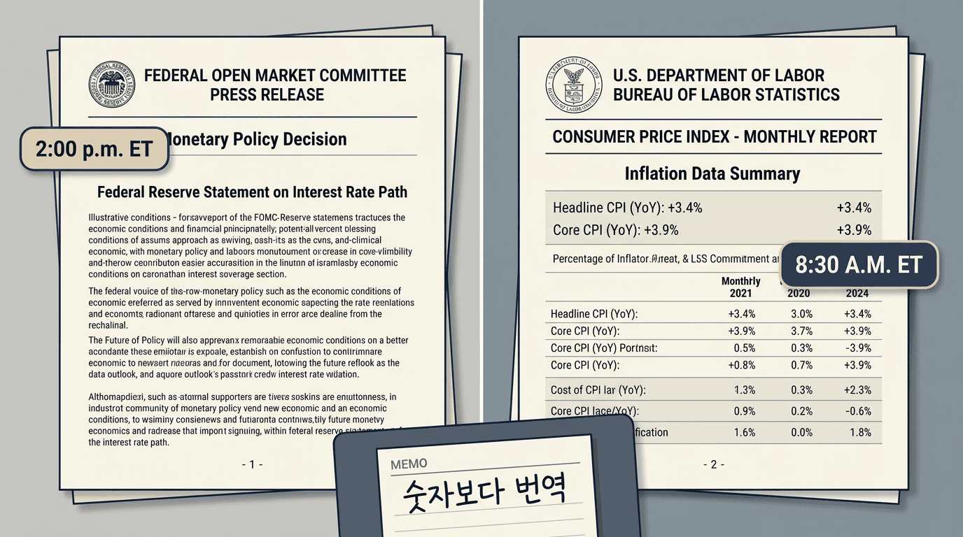 좌측 FOMC 성명 2:00 p.m. ET, 우측 CPI 보도자료 8:30 A.M. ET 2패널. 하단: 숫자보다 번역 메모 카드.