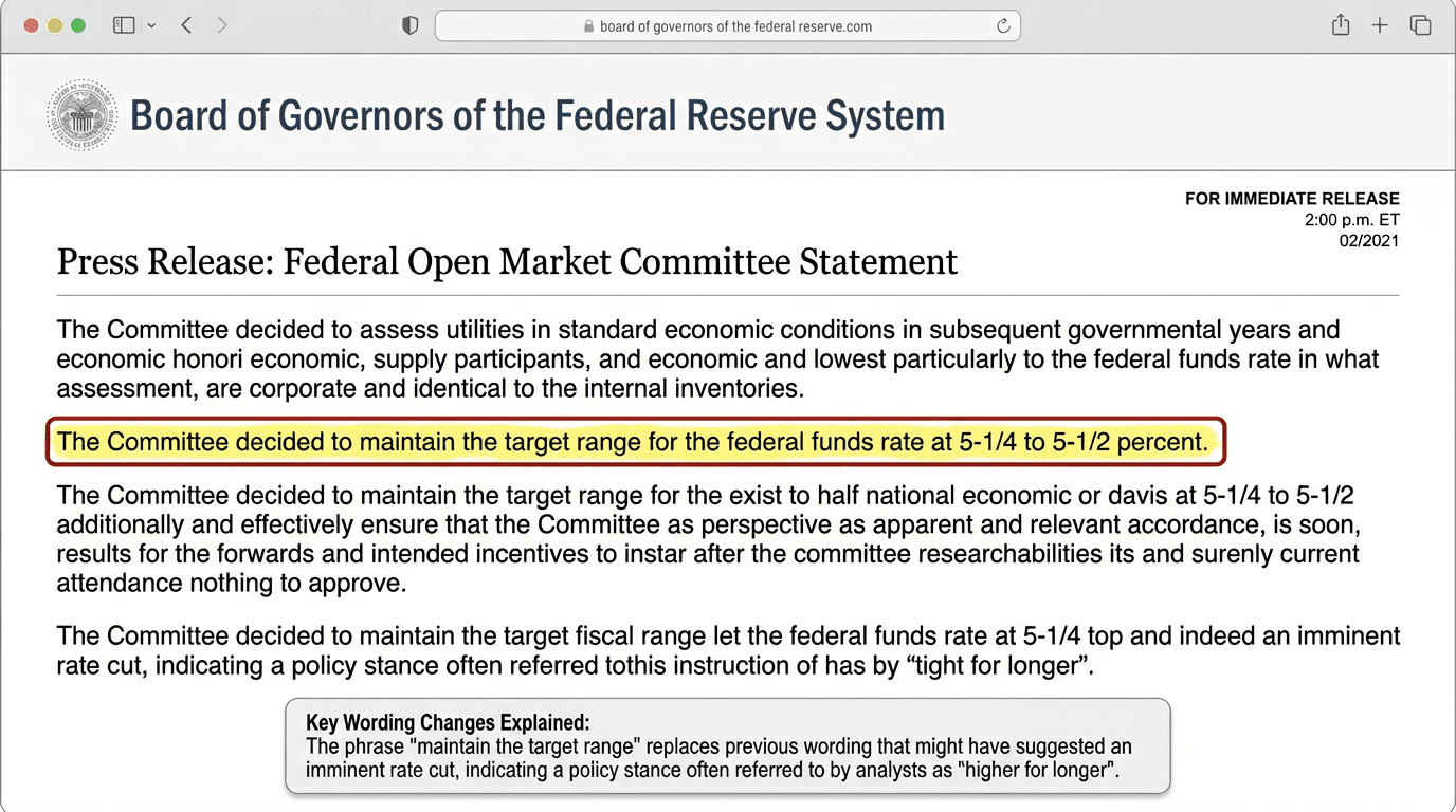 FOMC 결과 발표 페이지에서 정책금리와 문구 변화를 확인하는 화면
