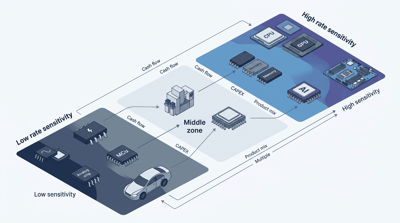 반도체 가치사슬을 구역별로 나눠 아날로그·전력·MCU는 금리 민감도가 낮은 쪽, 장비·첨단패키징은 중간지대, 메모리·선단 로직·AI 팹리스는 금리 민감도가 높은 쪽으로 배치한 개념도