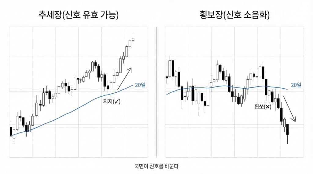 동일한 이평선 지지라도 추세장(신호 유효 가능)에서는 지지(✓) 후 재상승, 횡보장(신호 소음화)에서는 휩쏘(✗) 후 붕괴. 국면이 신호를 바꾼다.