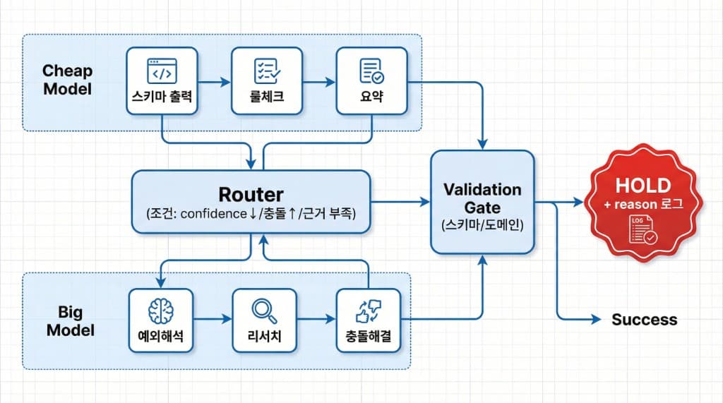하이브리드 라우팅: Cheap Model · Big Model 2레인, Router, Validation Gate, HOLD + reason 로그