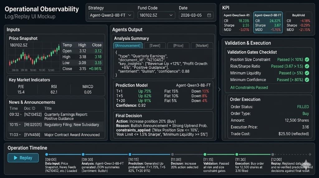 로그/리플레이 대시보드 목업: Inputs, Agents Output(4탭+Prediction+Decision), Validation & Execution, 타임라인