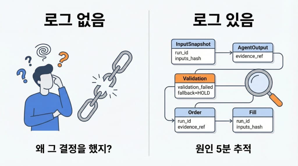 트레이딩 로그 유무에 따른 디버깅 가능성 비교: 로그 없음(원인 불명) vs 로그 있음(원인 추적)