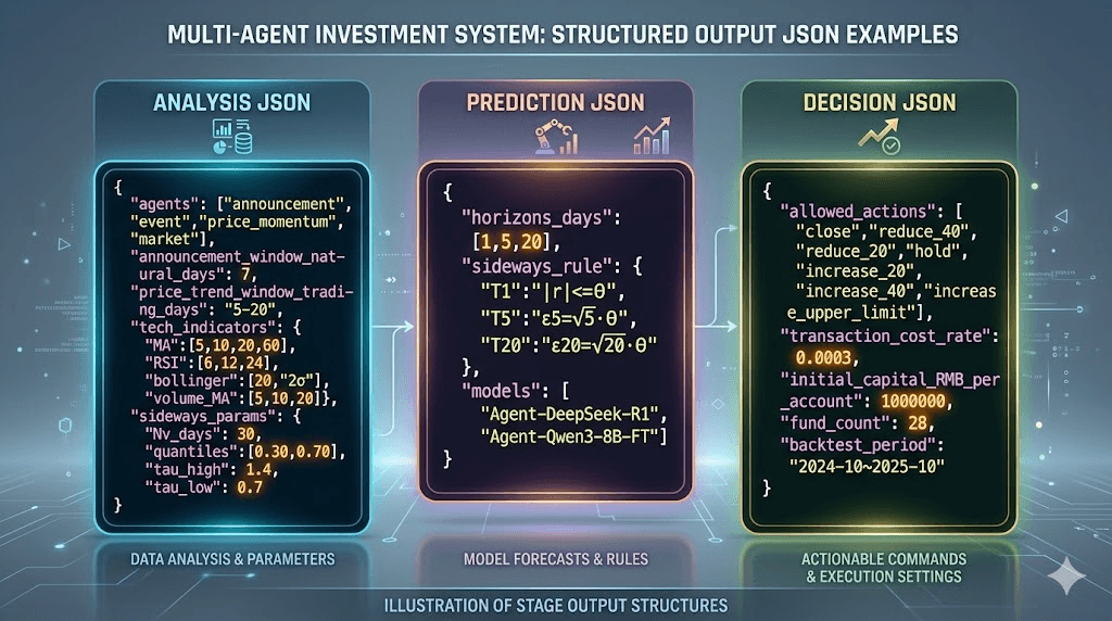 멀티에이전트 투자 시스템 단계별 구조화 출력 예시: 분석 JSON(에이전트 4종·공시·가격 윈도우·기술지표·sideways 파라미터), 예측 JSON(호라이즌·sideways 규칙·모델), 결정 JSON(허용 액션·거래비용·초기자본·펀드 수·백테스트 기간)