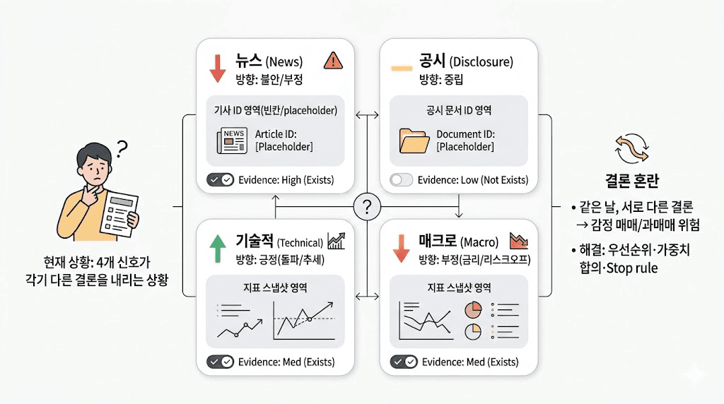 뉴스·공시·기술·매크로 신호 충돌 예시